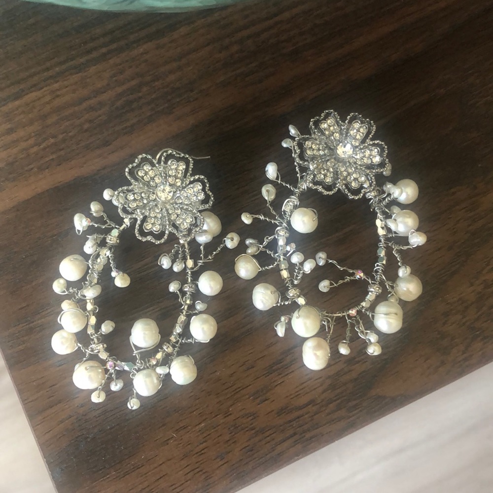 Silver,gem stone, and pearl handmade chandelier wedding earrings